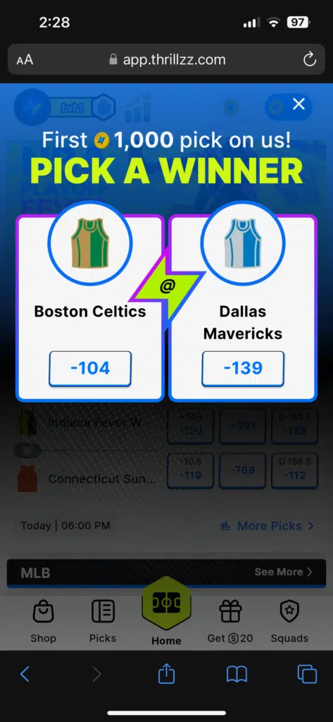 Thrillzz social sportsbook screenshot