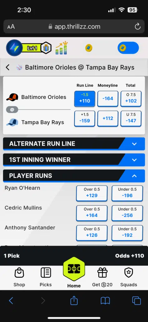 Thrillzz sportsbook markets