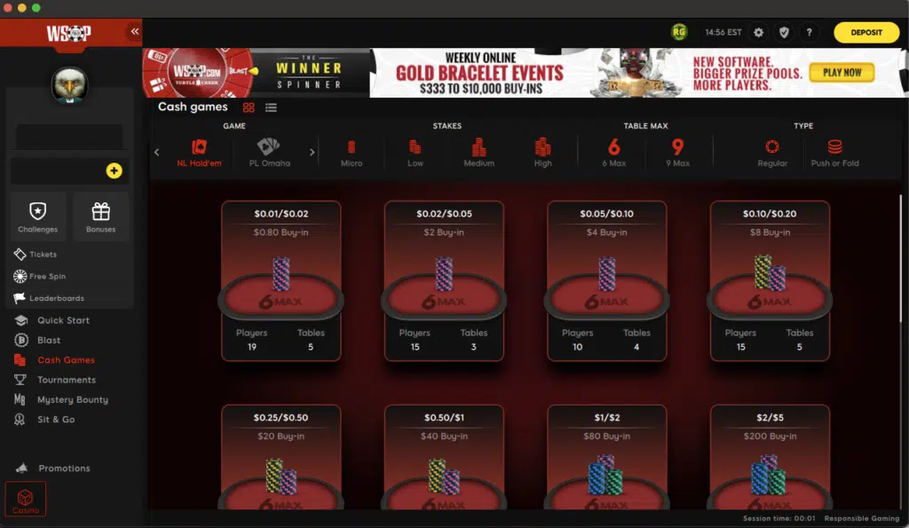 WSOP Online cash games lobby