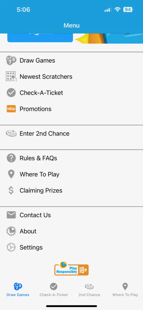 California Lottery app menu