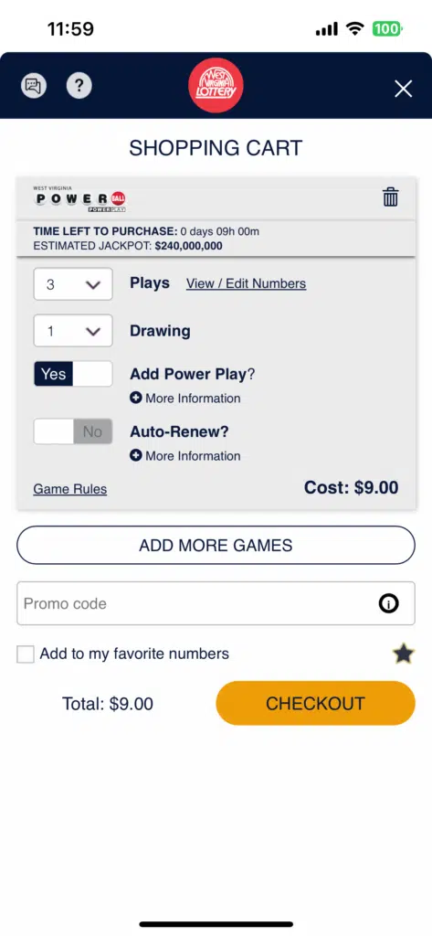 WV Lottery app tickets